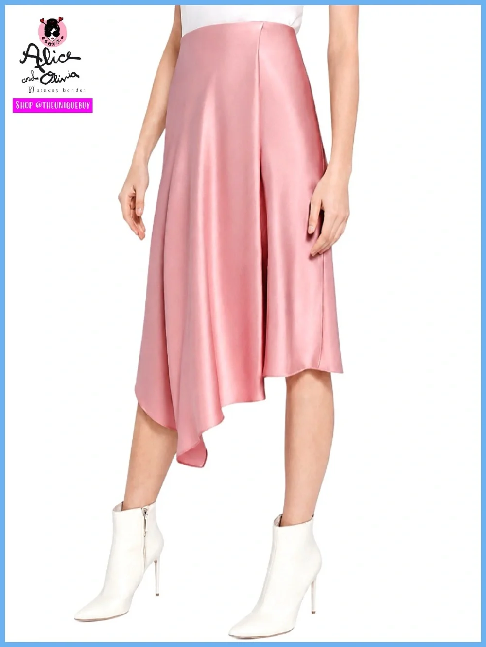 Alice + Olivia Jayla Rose Pink Asymmetrical Satin Slip Wrap Cocktail Midi Skirt